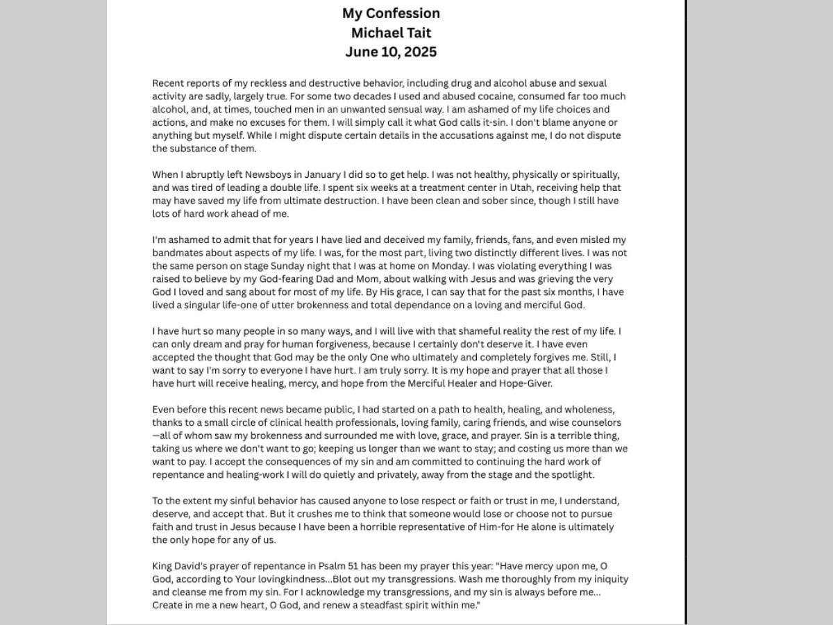 Former Newsboys singer Michael Tait addresses the allegations. (Image via Instagram/@michaeltait)